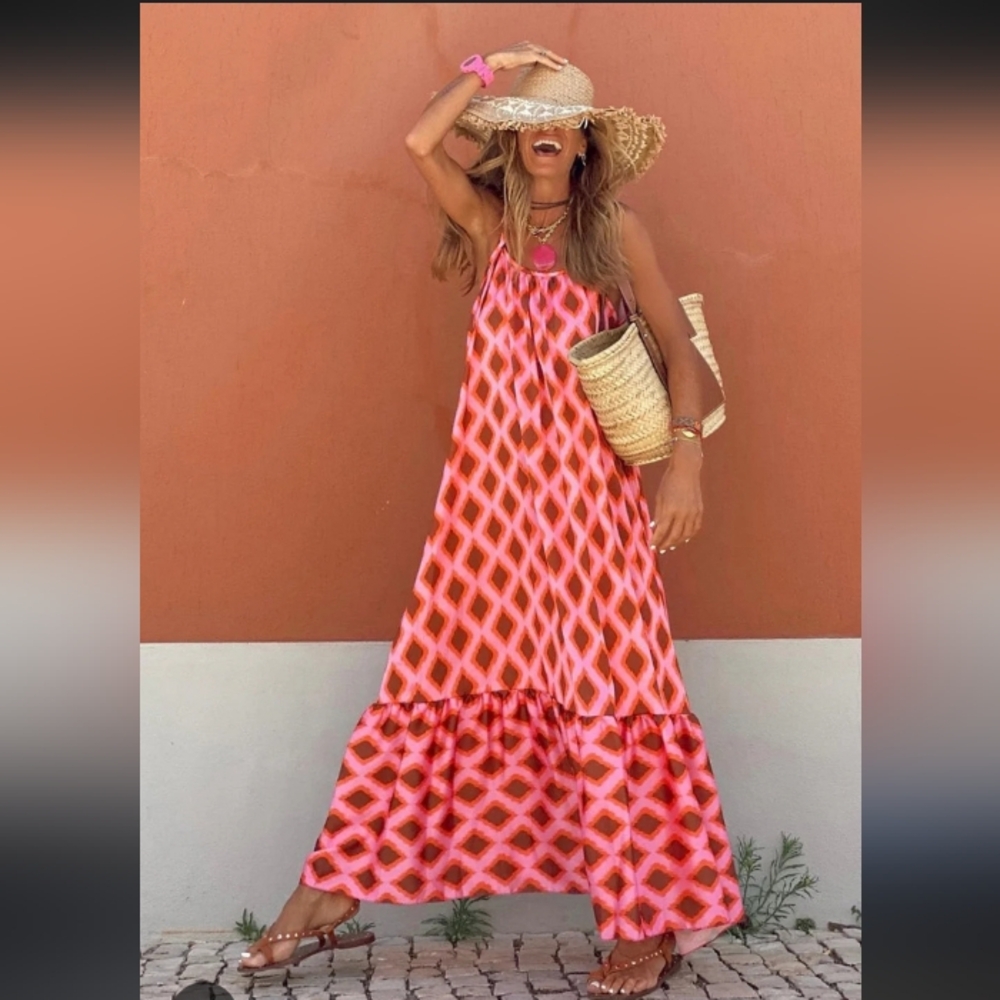 BOHEMIAN RED & PINK ARGYLE PRINT MAXI DRESS NWT - Picture 2 of 13